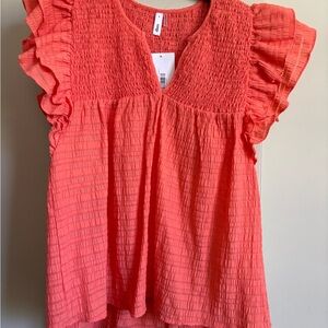 Glam Pink Smocked Ruffle Blouse Cap Sleeve